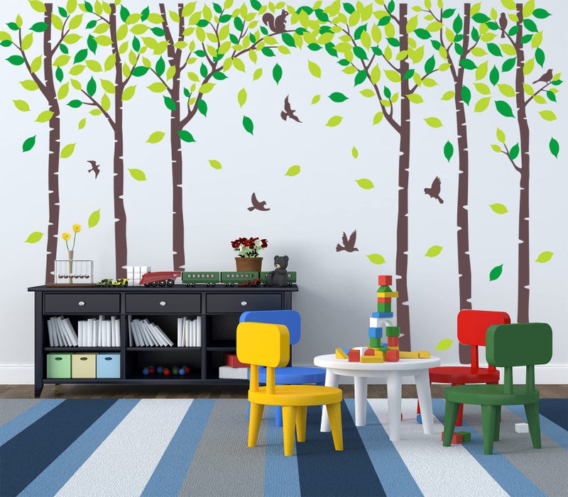 MAFENT Giant Family Tree Wall Decals Forest Birch Tree Wall Stickers Birds Wall Art for Kids Room Nursery Bedroom Living Room Decoration(Dark Brown and Green) - Image 1